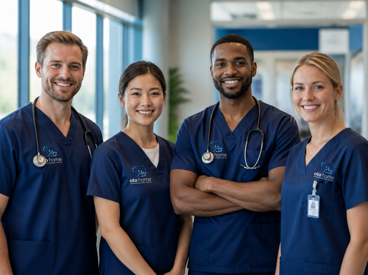 Equipe médica da Oto Home em scrubs azul marinho